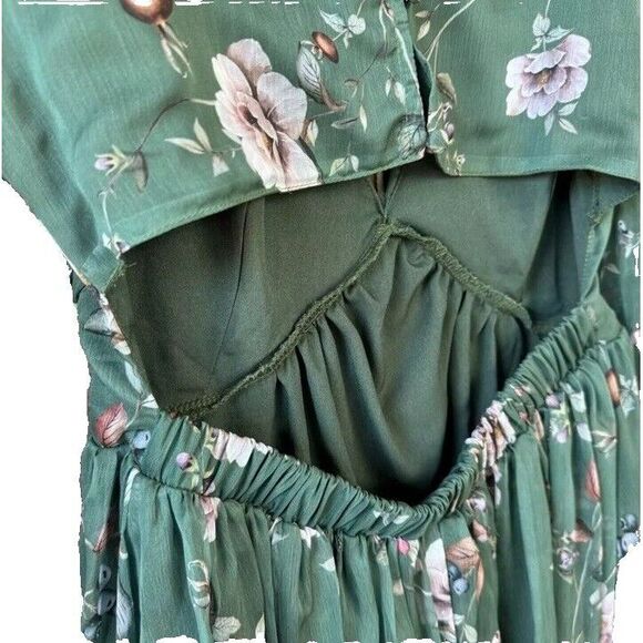 Lulu's endless charisma Green Floral pleated open back chiffon Mini Dress Medium - Picture 9 of 12